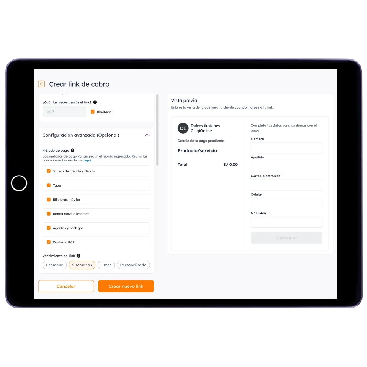 Personalzia el monto y medio de pago